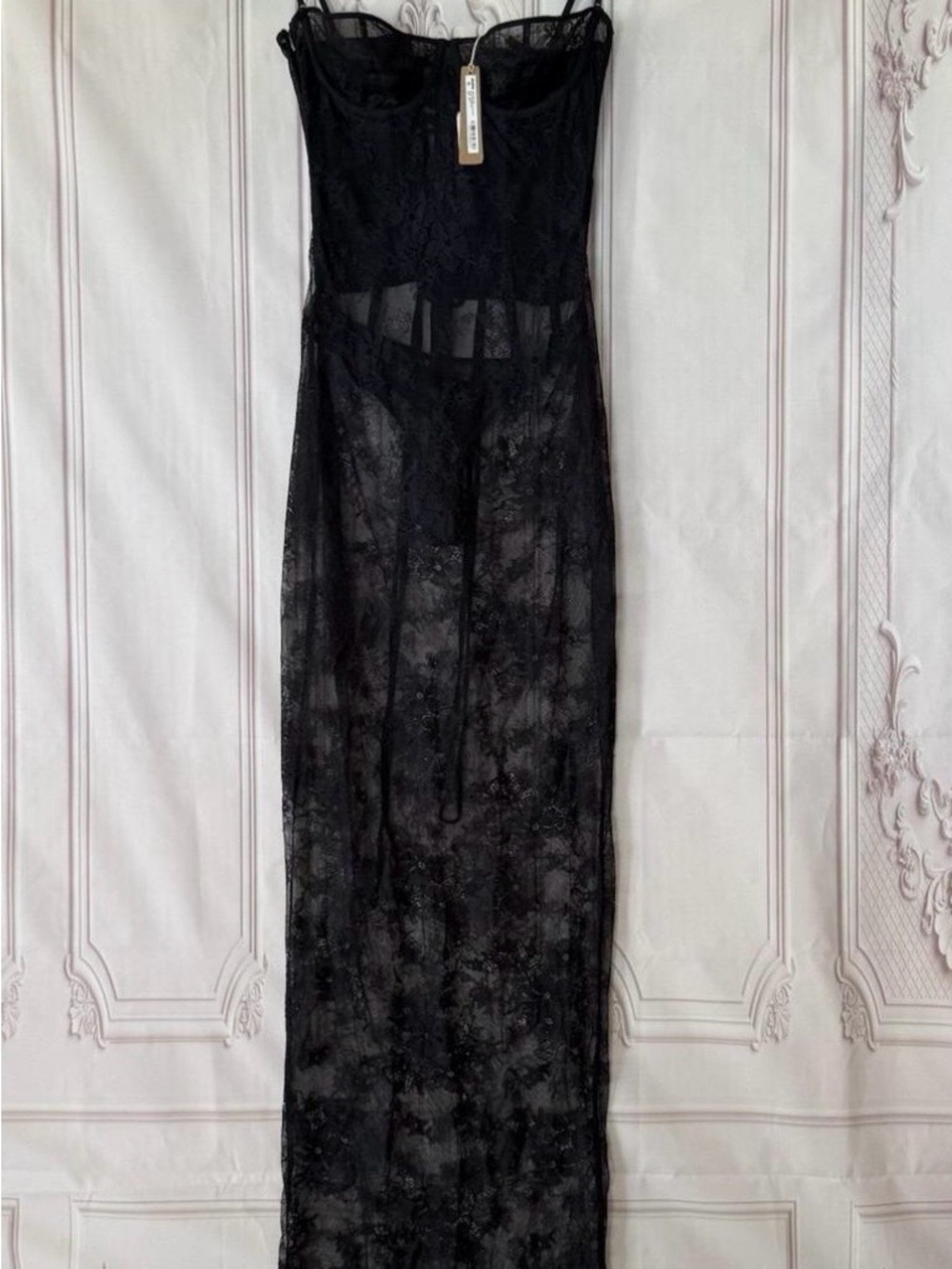 SKIMS Black Sheer Lace Long Slip Dress
